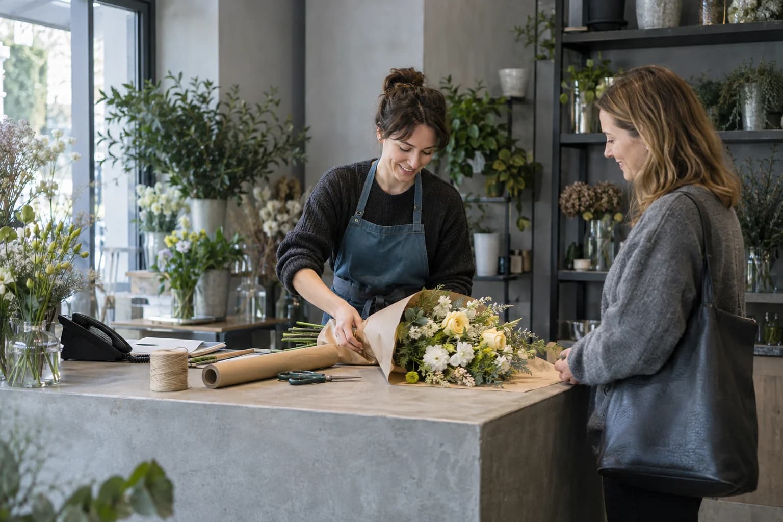 A flower-shop owner wraps a bouquet while helping a customer at the counter.